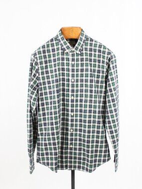 CLUB MONACO Navy Green Check Cotton Slim Fit Button Down Oxford Shirt, Size L